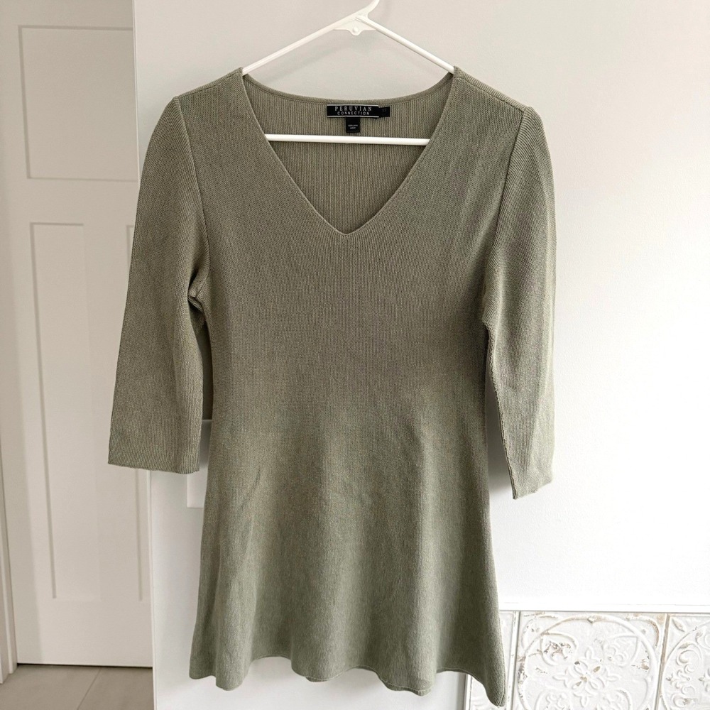 PERUVIAN CONNECTION V Neck 3/4 Sleeve Knit Sweater Olive Green XS Pima Cotton